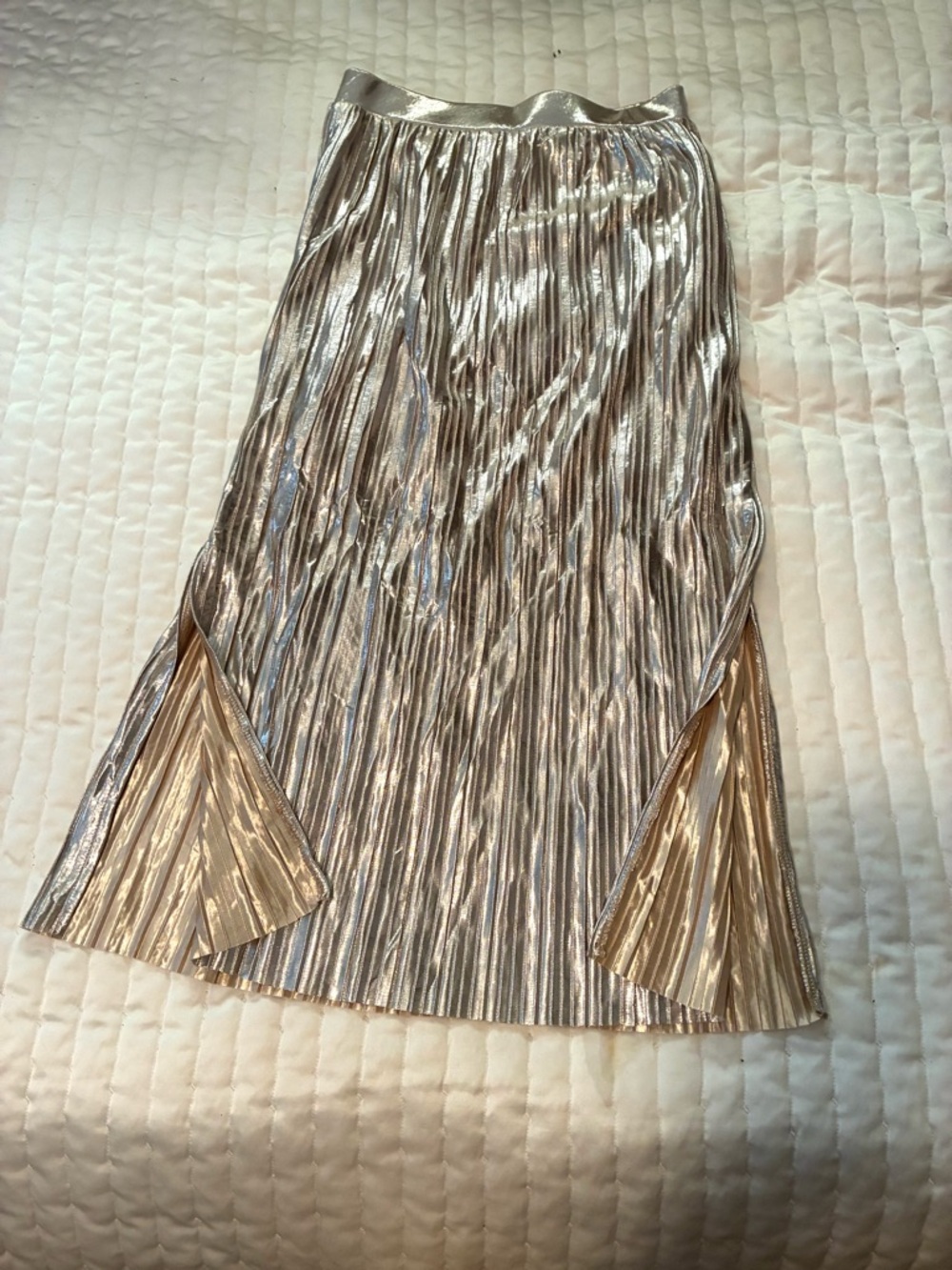 Metallic Pleated Midi Skirt - Silver Side Slit Glam Party